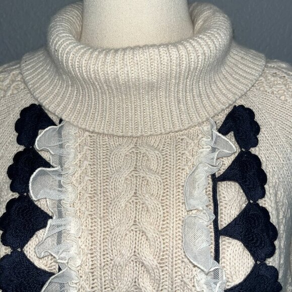 J CREW Cowl Neck Wool Blend Cable Sweater Embellished with Navy & Cream Lace - S - Picture 2 of 9